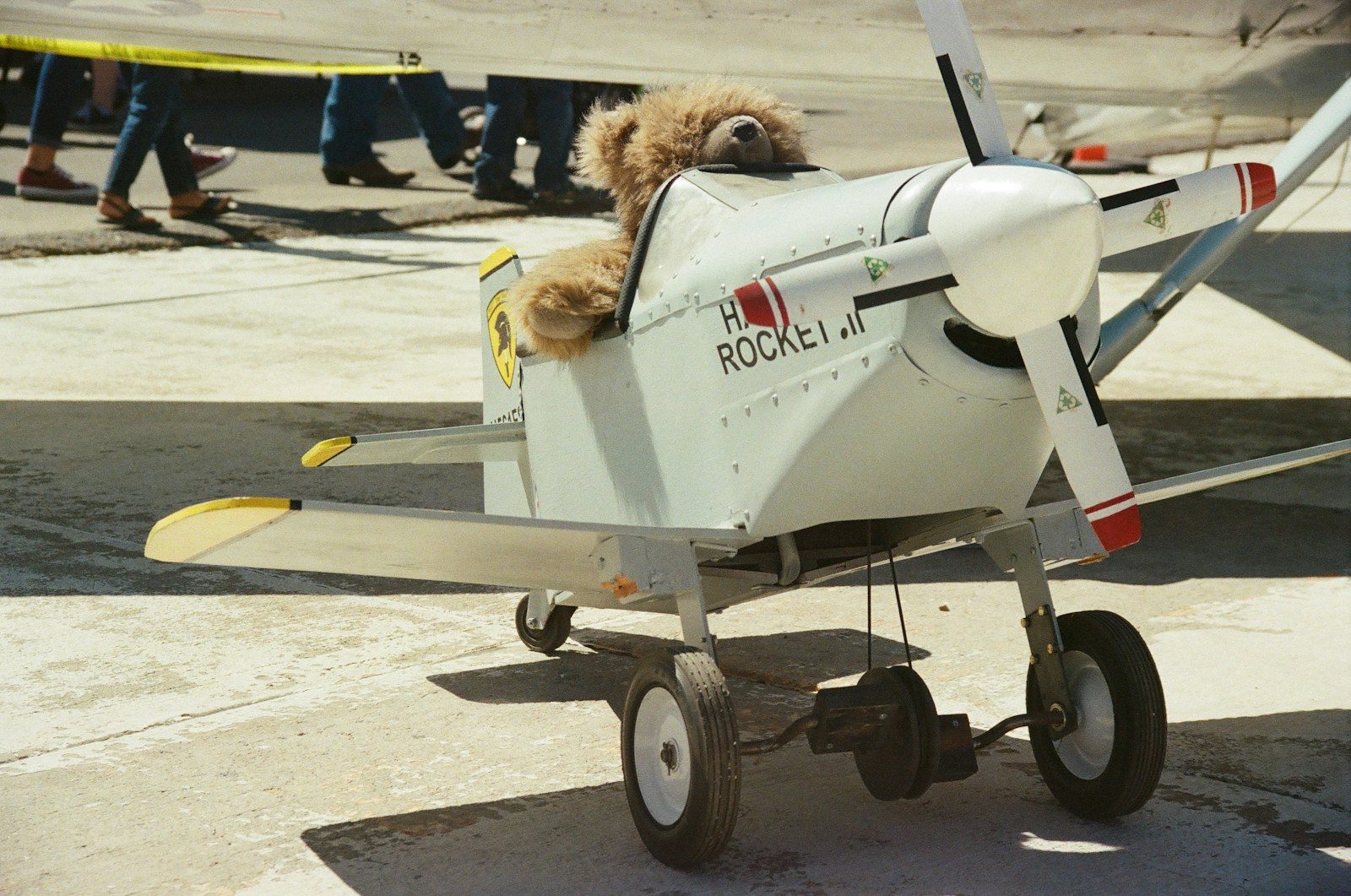 a teddy bear is sitting in a small airplane